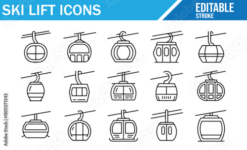Minimal line art symbols of winter transport including ski lifts and cabins