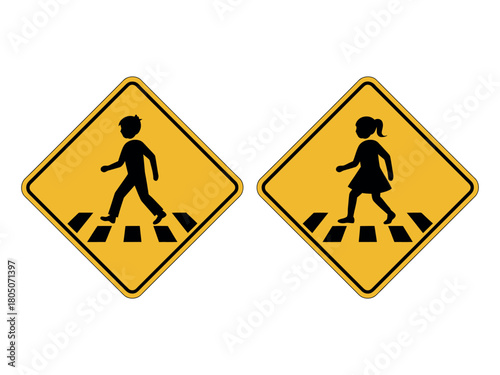 Two yellow diamond signs depicting children crossing a crosswalk area