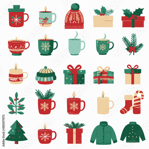 A collection of festive Christmas and winter holiday themed items including mugs, candles, hats, gift boxes, holly, pine, a tree, socks, candy cane, and sweaters.