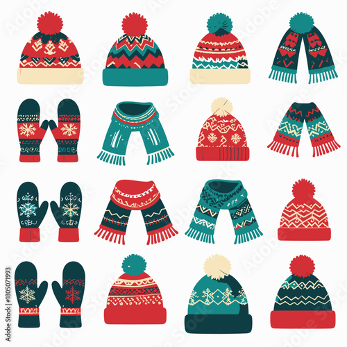 A vibrant collection of knitted winter hats, scarves, and mittens featuring various patterns and colors.