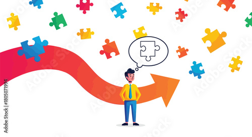 Man thinking about a puzzle piece with a colorful arrow and scattered puzzle pieces symbolizing problem solving and ideas