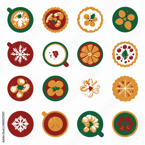 A collection of festive holiday-themed circular designs, including latte art, cookies, and tarts, in red, green, white, and gold colors.