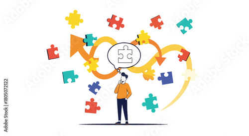 Man thinking about puzzle pieces and complex problem solving with arrows indicating a thought process and solution path