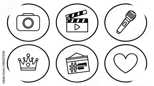 Six circular icons depicting creative and social media elements camera clapperboard