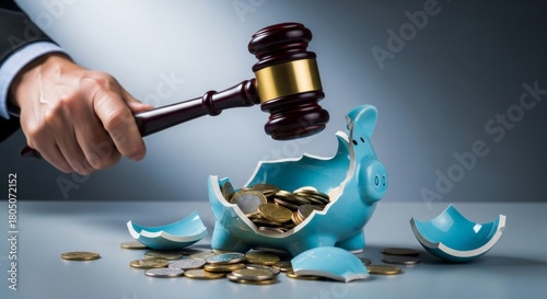 Gavel hitting broken piggy bank with spilled coins, symbolizing
