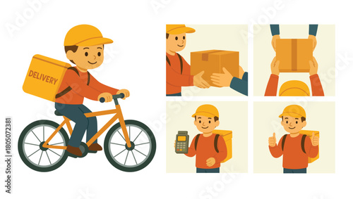 Cartoon courier riding bicycle and delivering package. Set of illustrations showing delivery process: receiving box, handing over parcel, showing payment terminal, giving thumbs up