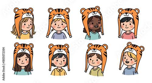 Children wearing tiger hats smiling happily