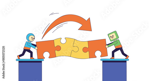 Two stylized characters collaboratively connect puzzle pieces to form a bridge across a gap symbolizing teamwork and solutions