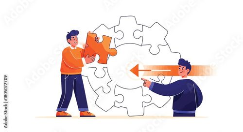 Two men collaborate to complete a large puzzle mechanism symbolizing teamwork and problem solving