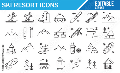 Winter activity icons for ski resorts, snow sports, and mountain travel