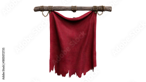 A tattered red banner or flag hanging from a wooden pole, isolated on transparent background