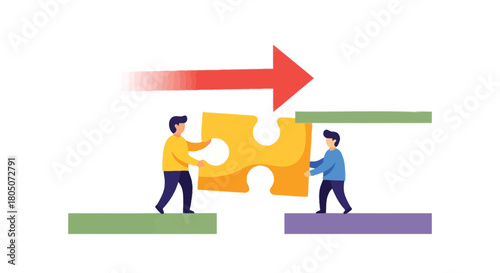 Two people collaborate to connect a puzzle piece symbolizing teamwork and progress towards a shared goal with a forward arrow