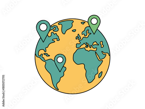 A cartoon globe with location pin markers on continents illustration