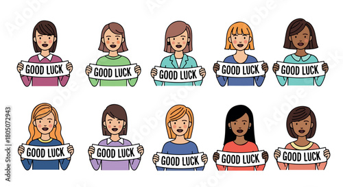 Diverse women wishing good luck with banners