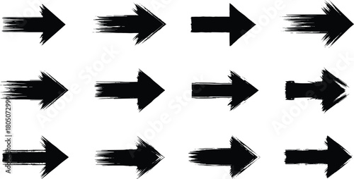 Set of black grunge brush stroke arrows, hand drawn ink pointers, distressed texture vector collection, rough direction signs.