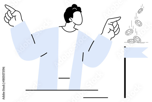 Person pointing towards coins falling into a designated goal area marked by a flag. Ideal for investment, savings, financial growth, planning, goal setting, decision-making, wealth management. A