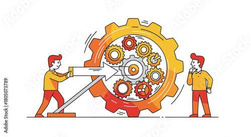 Man pushing arrow into complex gear mechanism while another man observes and thinks about the process
