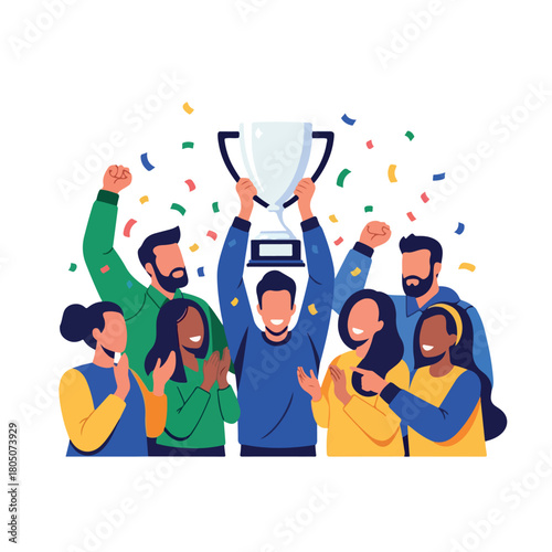 Winning team celebrating with trophy