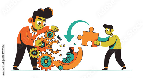 Two cartoon men working together to fix a broken gear mechanism with a puzzle piece symbolizing integration and problem solving