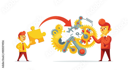 Businessman holding a puzzle piece about to complete a complex gear mechanism with another businessman observing