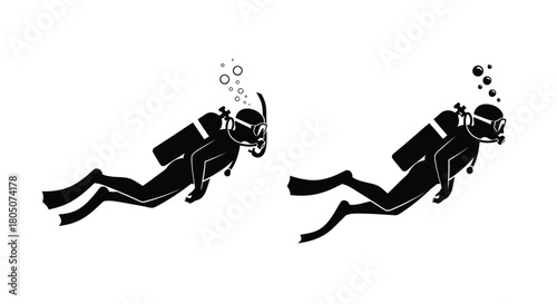 Two scuba divers swimming underwater depicted as simple black silhouettes
