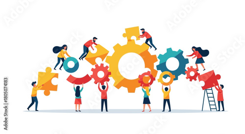 Diverse team of people working together to assemble puzzle pieces and gears symbolizing collaboration and problem solving
