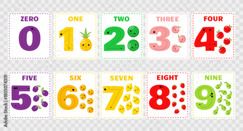 Set of number flashcards for kids with cute fruits on transparent background. 0-10 number writing for kids. Cute kawaii fruits. Learning numbers for kids.Kindergarten flashcards. Vector illustrations.