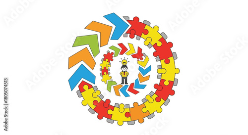 Cartoon businessman with glowing light bulb above head in a circular puzzle and arrow pattern representing idea generation and innovation