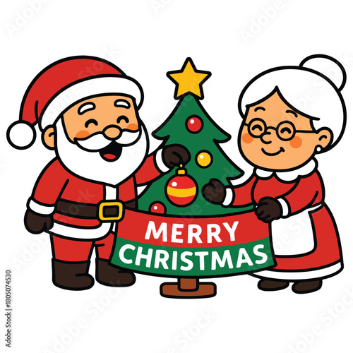 Jolly santa claus and mrs. claus merrily decorating a traditional christmas tree with festive ornaments and a banner.