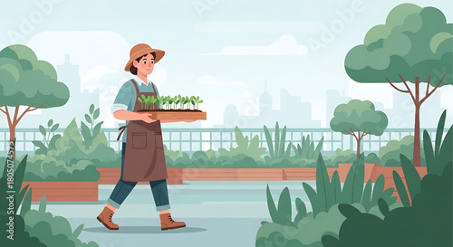 Rooftop Garden Urban Farming Woman with Seedlings Illustration