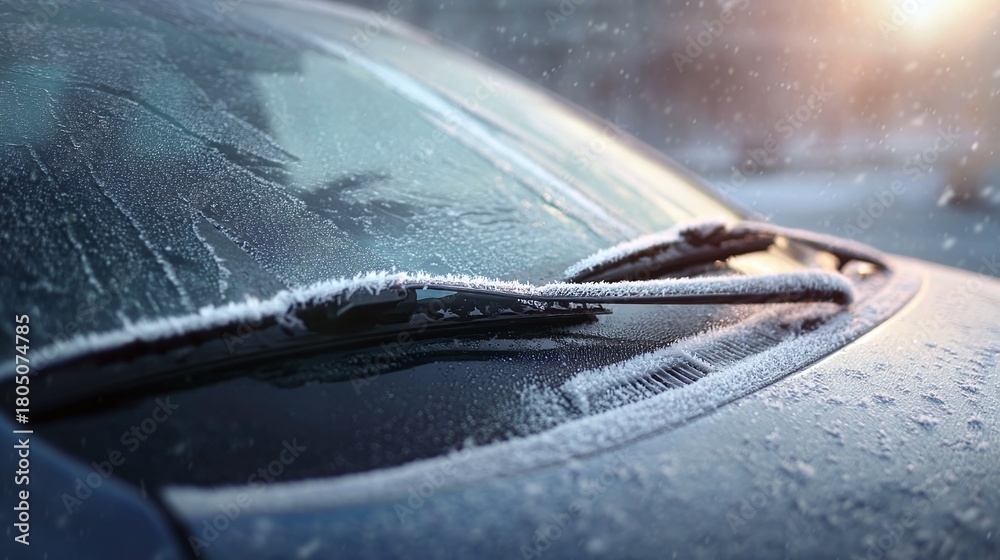 Fototapeta premium Close-up shot of a car's windshield covered in frost, showcasing winter's icy grip. The wipers are also coated in frost, creating a serene and picturesque scene of a cold morning.