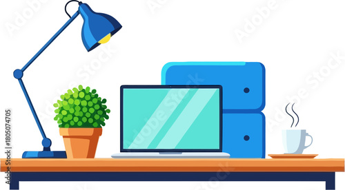 Modern Desk Setup with Lamp Computer and Plant.