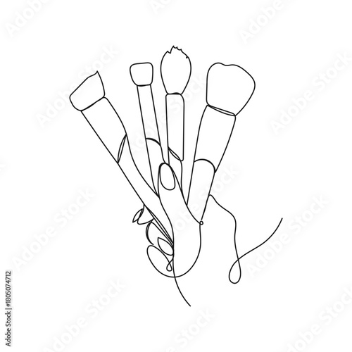 Makeup brushes in woman's hand. Minimalist one line vector art for beauty, fashion, cosmetics, skincare, salon branding, modern lifestyle concepts.