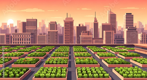 Urban Farming Rooftop Garden with City Skyline Sustainability Concept