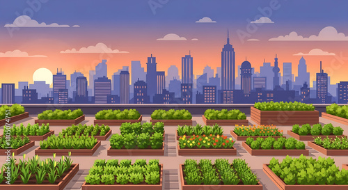 Urban rooftop garden with skyline view, vegetables and cityscape illustration