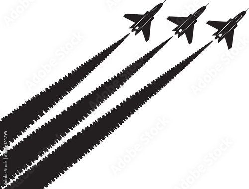 A formation of Three fighter jets flies diagonally across a light background, leaving behind thick black smoke trails.