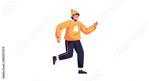 Energetic young person wearing a beanie and sweater running with a smile on a white background