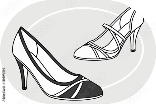 Two elegant women's high-heeled shoes in black and white line art on a grey background footwear fashion