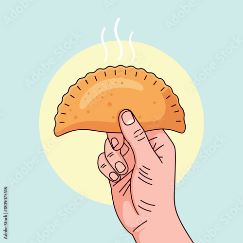 Hand holding hot empanada with transparent background