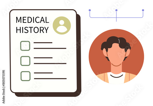 Patient profile beside medical history checklist with three items. Ideal for healthcare, diagnosis, medical records, patient management, data organization, health analysis, simple flat metaphor