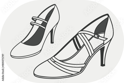 Two women's high-heeled shoes with straps in black and white line art on a grey background footwear fashion
