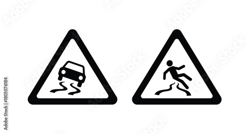 Road warning signs depicting slippery road and pedestrian crossing hazards