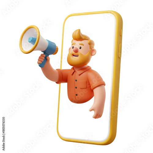 Cartoon man with megaphone emerging from a smartphone screen announcing isolated on transparent background