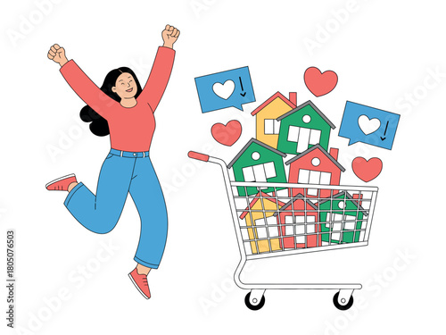 Woman jumping with shopping cart full of houses and heart icons around