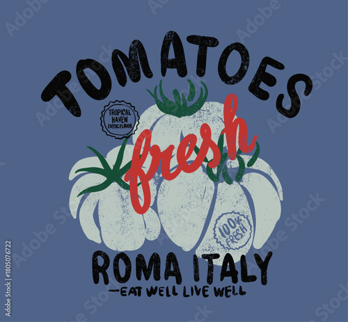 vintage food fashion graphics t-shirt artwork. hand drawing summer tomatoes from roama italy slogan artwork. women's girls print design.