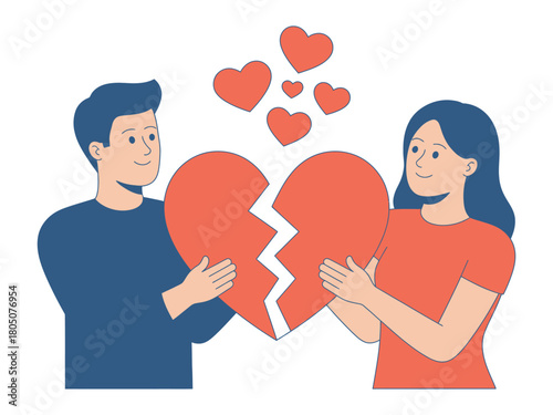 Man and woman holding a broken heart with floating hearts above them