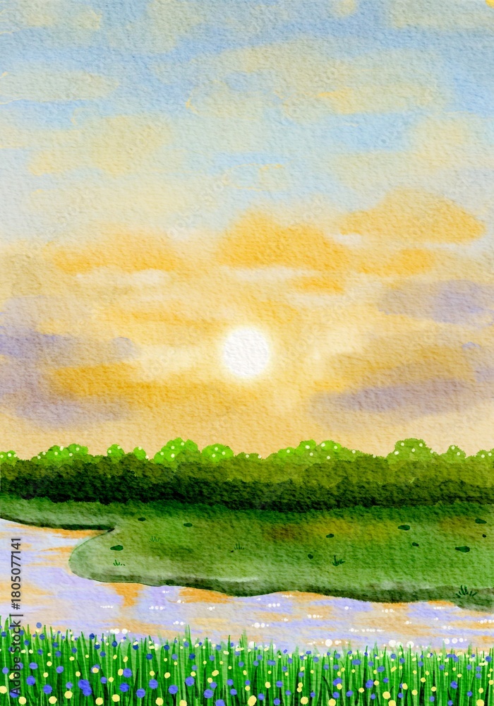 Fototapeta premium Watercolor Sunrise Landscape with River and Meadow
