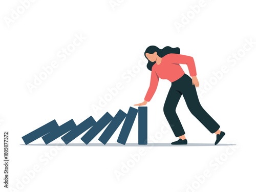 Woman stopping a domino effect with her hand on a white background