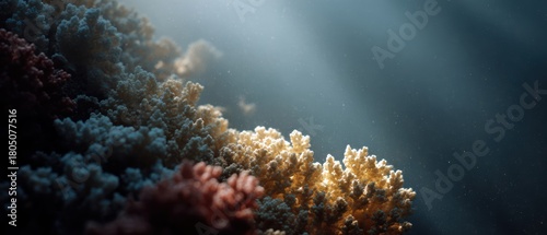 Fototapeta Naklejka Na Ścianę i Meble -  445. coral reef underwater with balanced colors, editorial style, golden hour tone, clean background for typography, generic props only