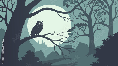 “Owl perched on branch in night forest, moody vector”